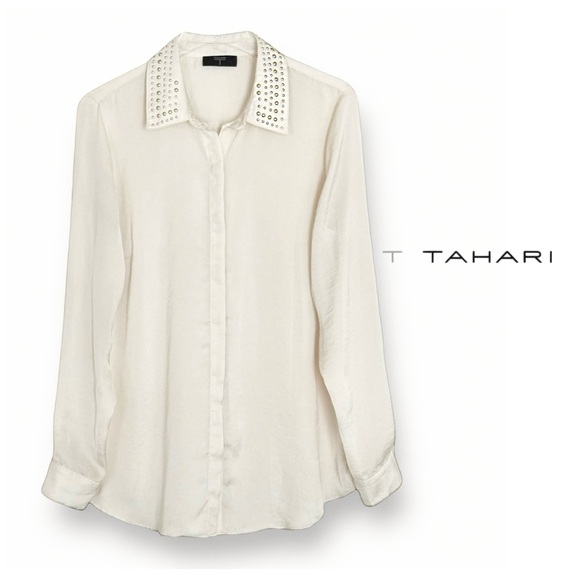 T TAHARI STUDDED LONG SLEEVED BUTTON DOWN CREAM SHIRT BLOUSE SZ L - Picture 1 of 5